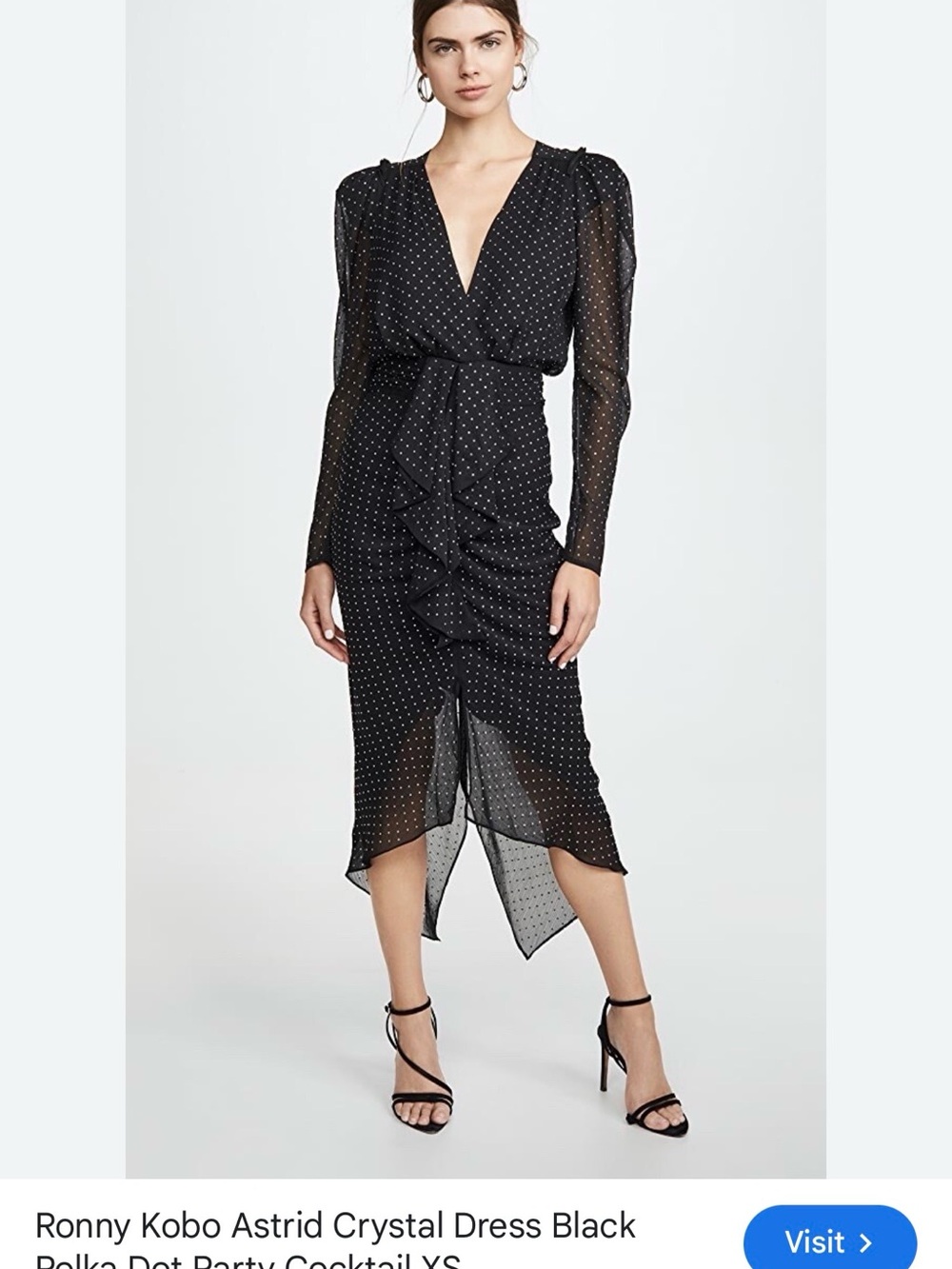 Ronny Kobo Collection Black with White Polka Dot V-Neck Ruffle Midi Dress